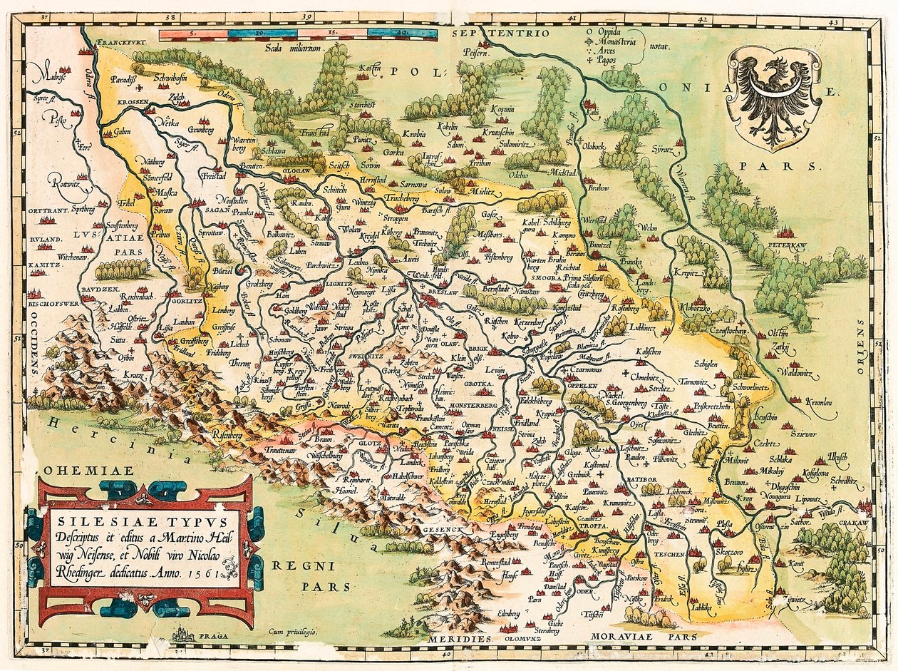 Silesia Typus Descriptio en Descriptus et editus Martino Heilwid Neilsense, en Nobili viro Nicolao Rhedinger dedicatus Anno 1561 Geografische kaart van het gebied ten zuiden van Frankfurt in Duitsland nabij Polen uit 