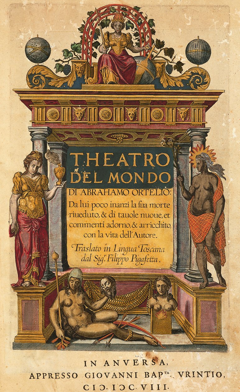 Theatrum orbis terrarum, titelpagina van Italiaanse editie vertaald door Filippo Pigafetta door Abraham Ortelius
