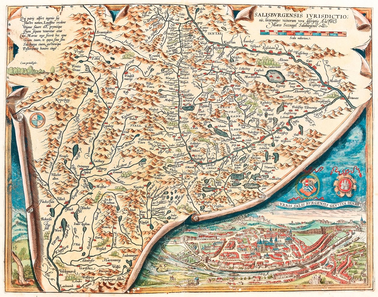 Urbis Salisburgensis genuina descriptio Geografische kaart van het gebied van Salzburg in Oostenrijk uit 