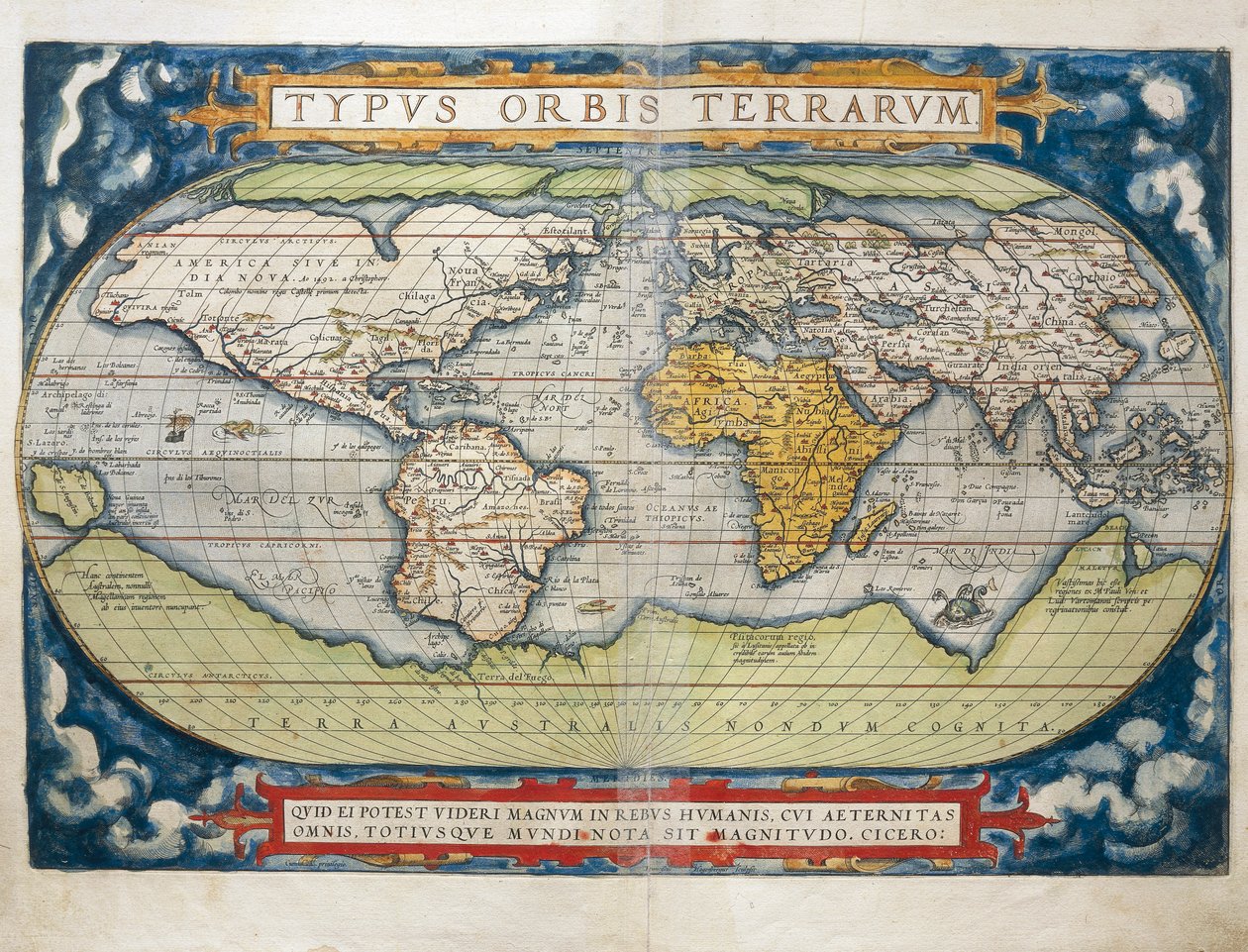 Wereldkaart uit Theatrum Orbis Terrarum door Abraham Ortelius door Abraham Ortelius