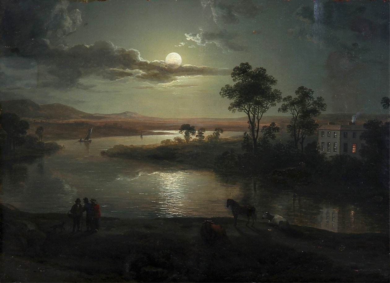 Avondscène met volle maan en personen door Abraham Pether