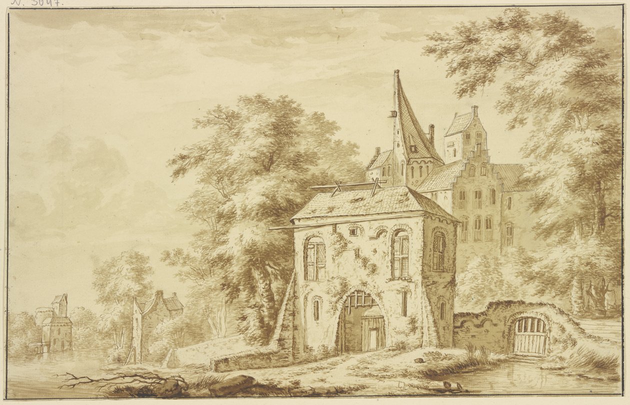 Stadspoort met valhek door Abraham Rademaker