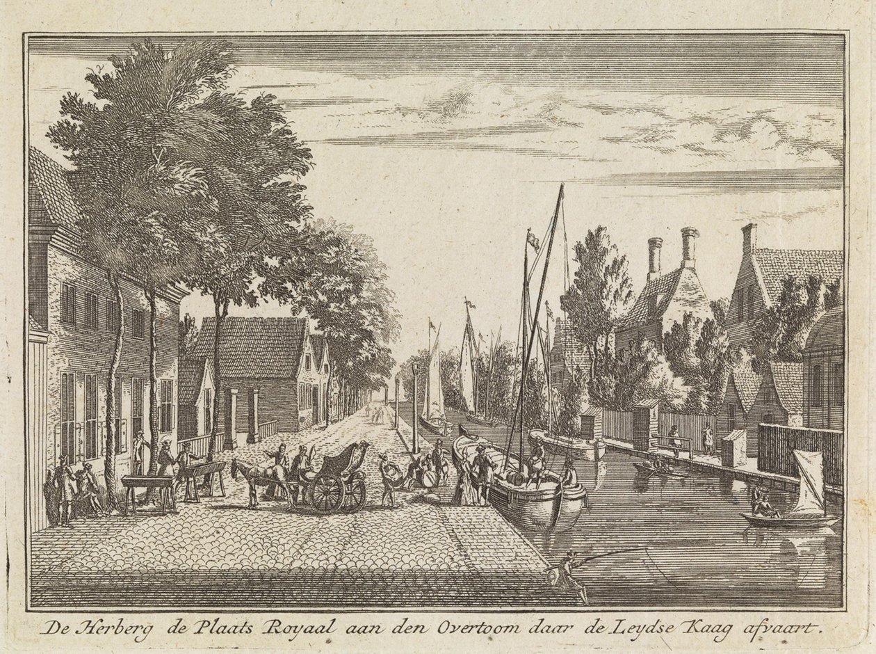 De herberg de plaats royaal aan den overtoom daar de Leydse Kaag afvaart. door Abraham Rademaker