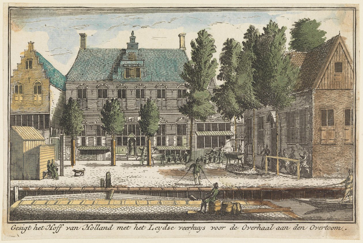 Gezicht op het Hof van Holland met het Leidse veerhuis voor de overhaal aan den Overtoom door Abraham Rademaker