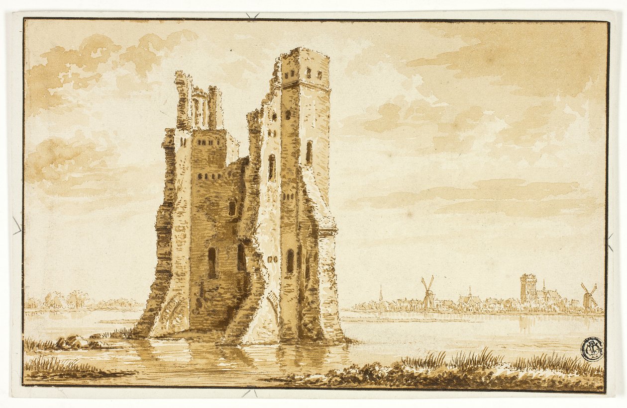 Ruïnes van het Merwede-landhuis gezien vanaf de voorkant met Dordrecht op de achtergrond door Abraham Rademaker