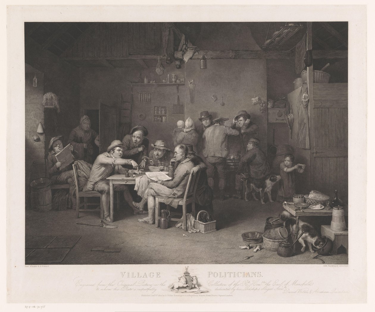 Interieur met mannen in discussie rond een tafel door Abraham Raimbach