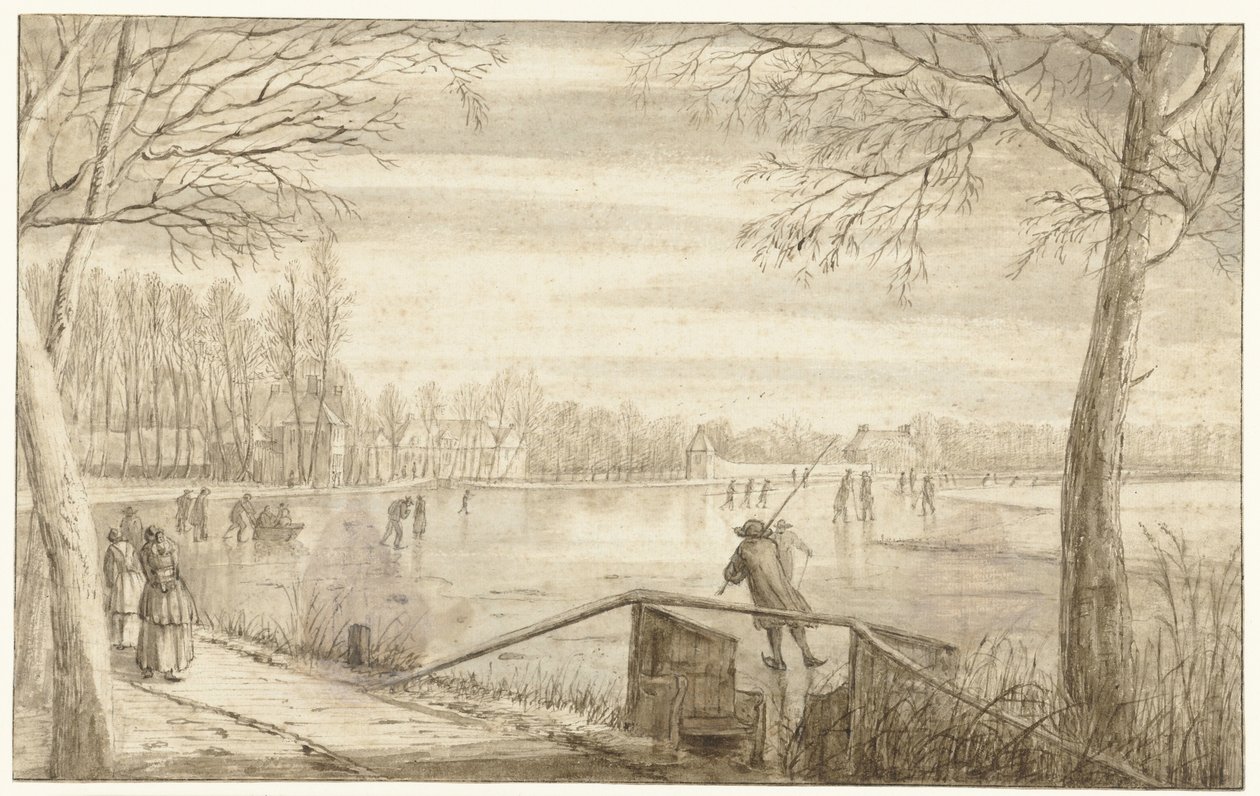 Schaatsers op de rivier Vecht, bij Maarssen, met de landgoederen Daelwijck en Vechthoven in de verte door Abraham Rutgers