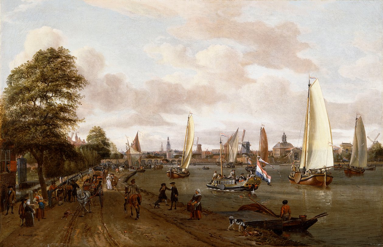 Een panoramisch uitzicht op Amsterdam met een schuit en kleine schepen op de Buiten-Amstel door Abraham Storck