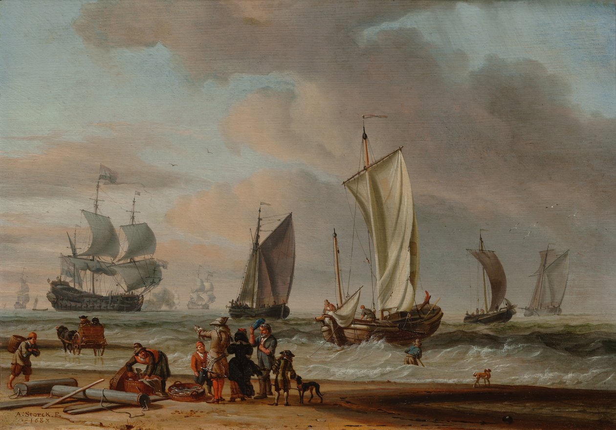 Uitzicht op het strand door Abraham Storck