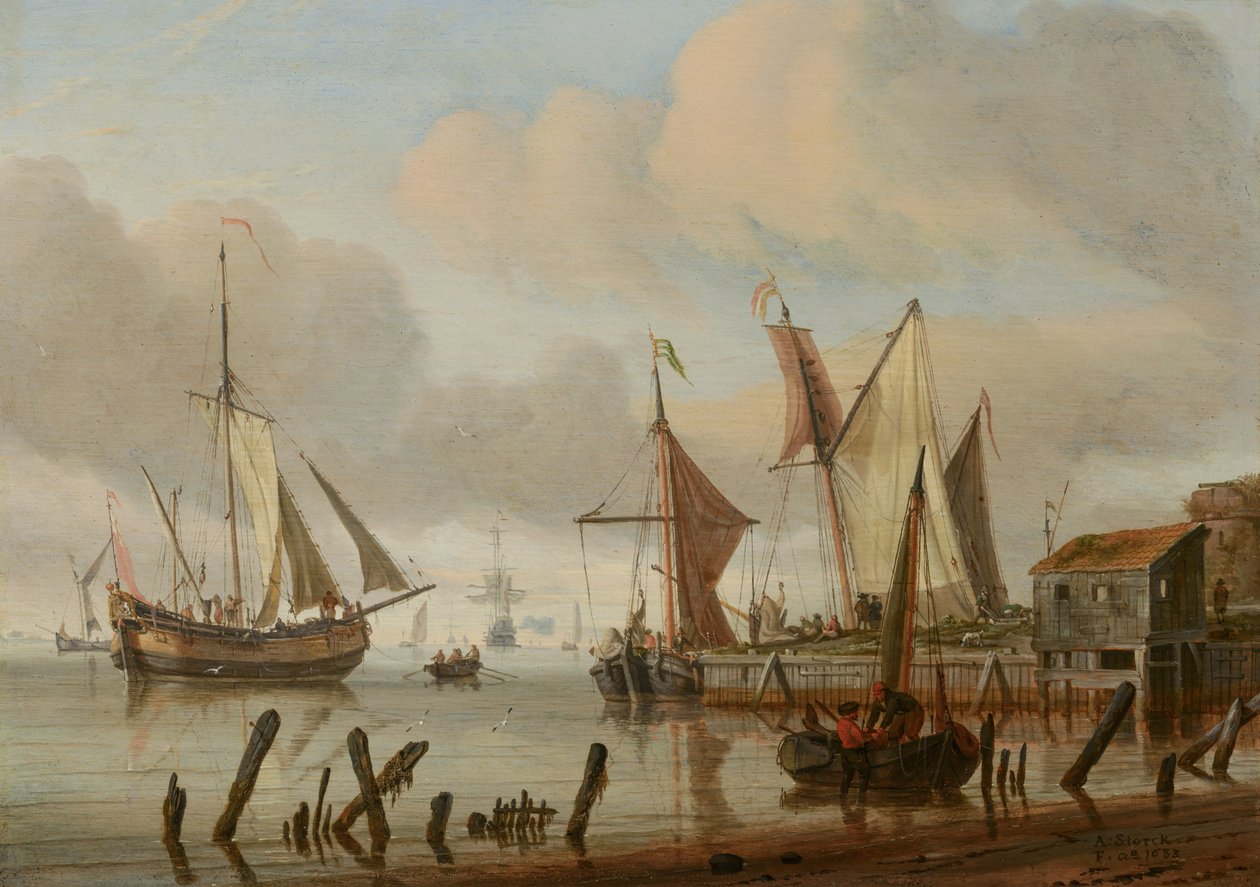 Boten bij een aanlegplaats door Abraham Storck