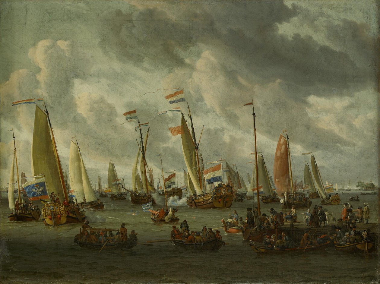 Het Spiegelgevecht op het IJ ter ere van het Moskovisch gezantschap (1 september 1697) door Abraham Storck