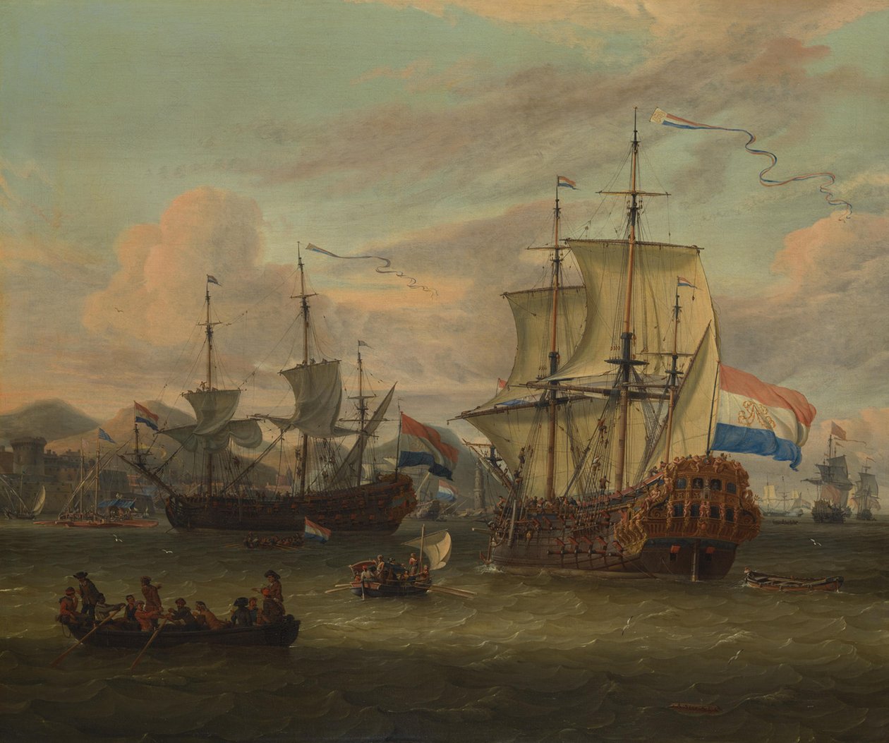 Hollandse straatvaarders bij een haven aan de Middellandse Zee door Abraham Storck