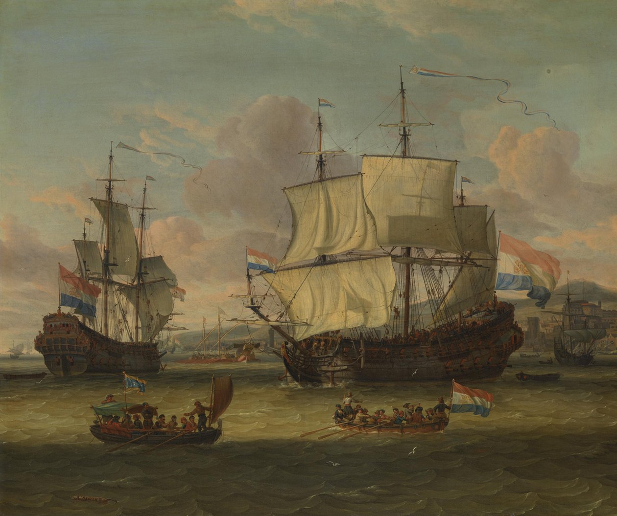 Hollandse straatvaarders bij een haven aan de Middellandse Zee door Abraham Storck