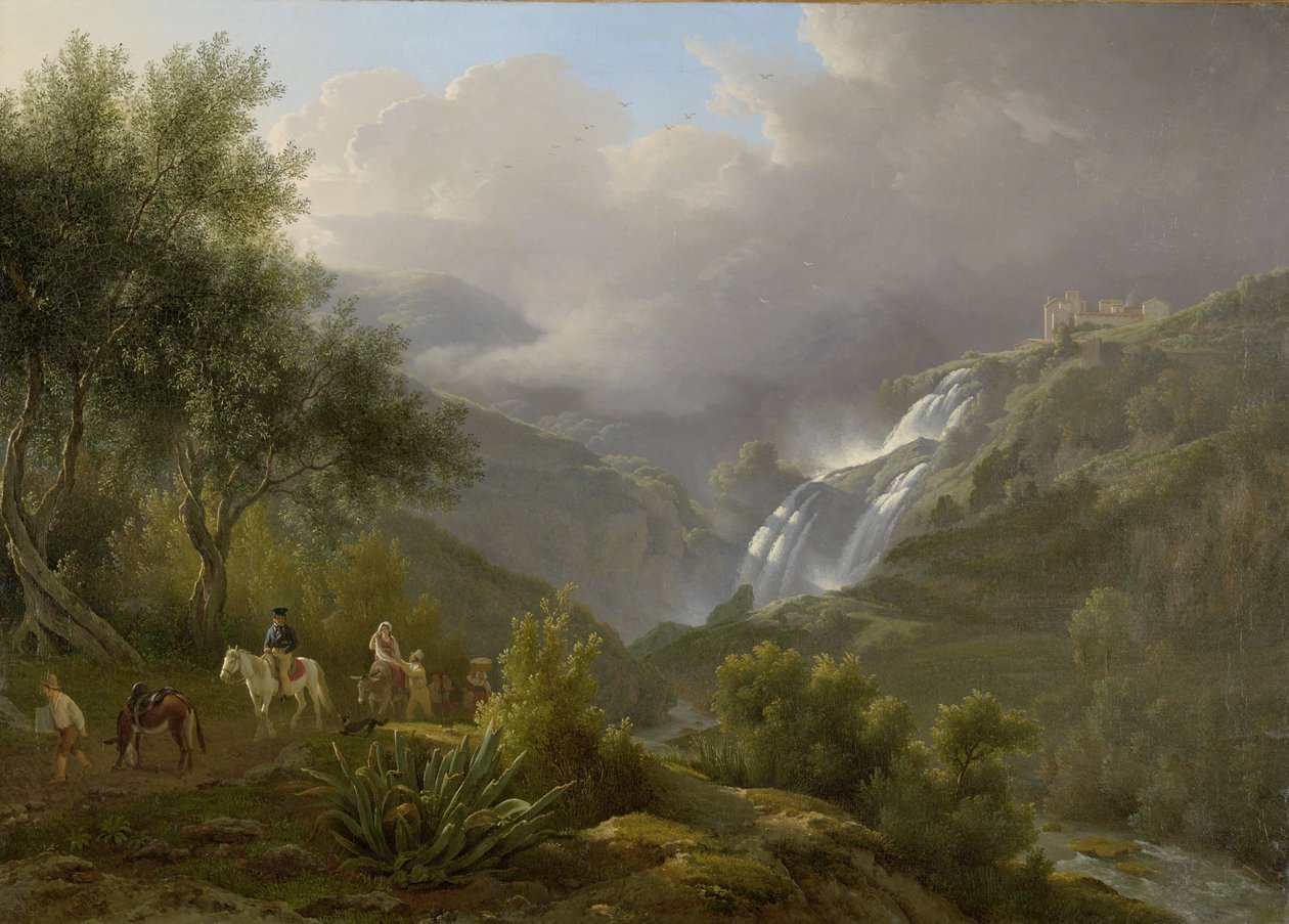 De watervallen bij Tivoli, met een naderende storm door Abraham Teerlink