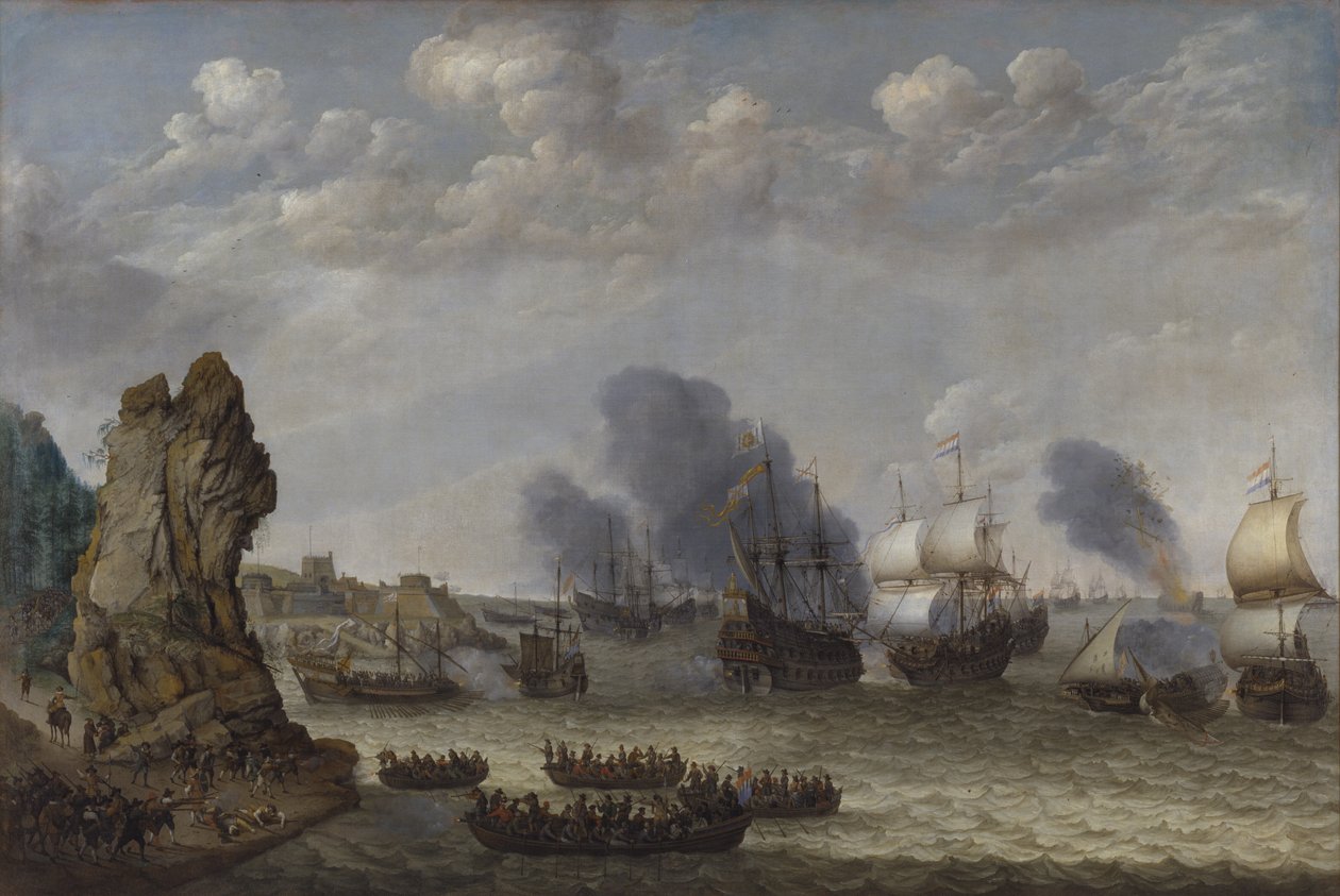 Een gevecht nabij een kust tussen Spanjaarden en ontschepende Nederlanders door Abraham Willaerts