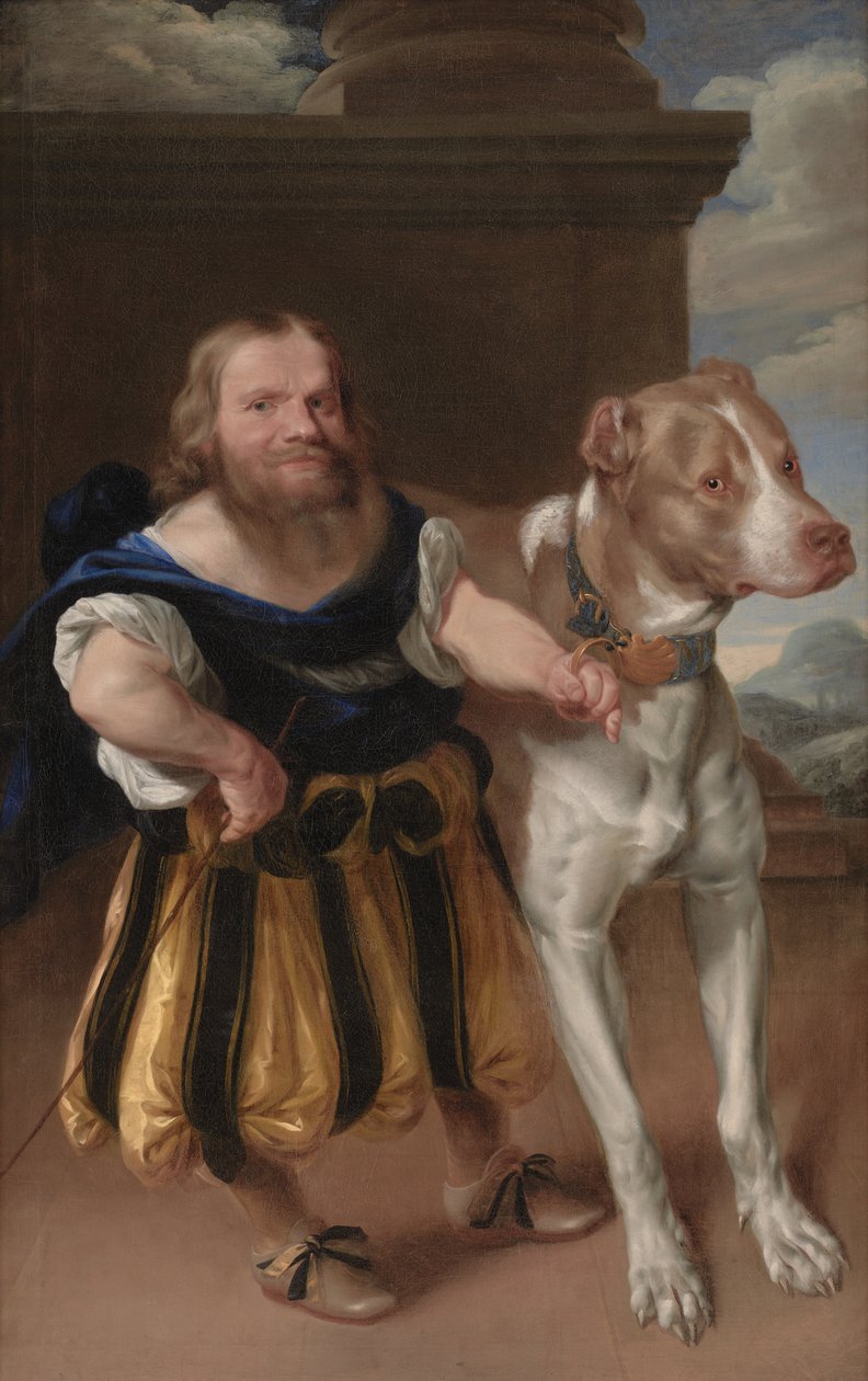De Italiaanse dwerg van de keurvorst van Saksen, Giachomo Favorchi met de hond van prinses Magdalene Sibylle, Raro door Abraham Wuchters