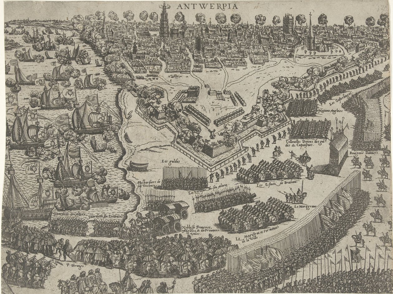 Aankomst van de hertog van Anjou te Antwerpen en ontvangst door de prins van Oranje, 1582 door Abraham de Bruyn (attributed to)