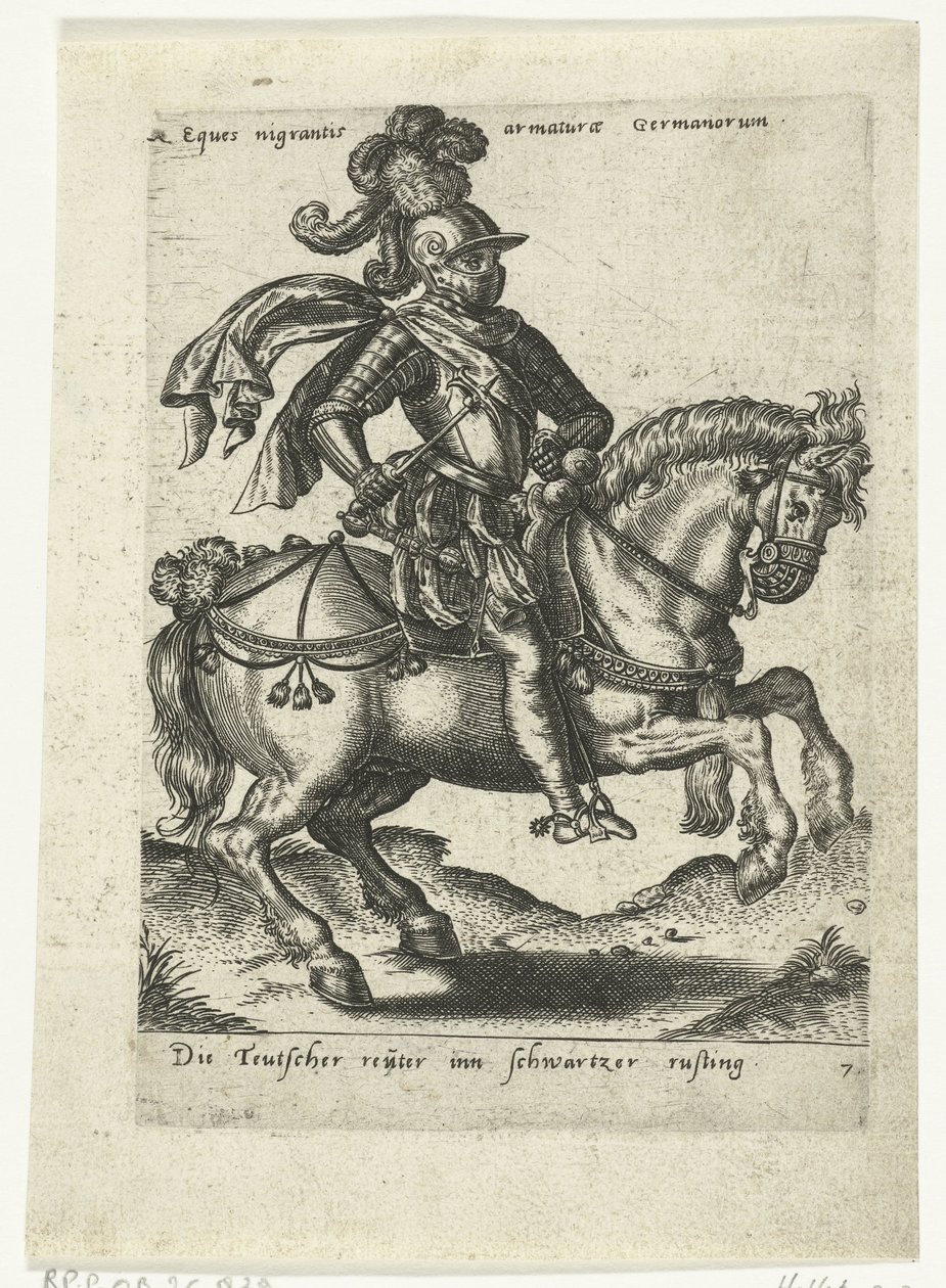 Duitse ruiter in zwart harnas door Abraham de Bruyn (attributed to)