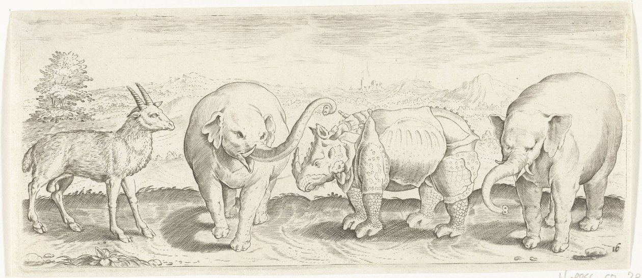 Gazelle, olifant en neushoorn Dieren (serie titel) door Abraham de Bruyn (possibly)