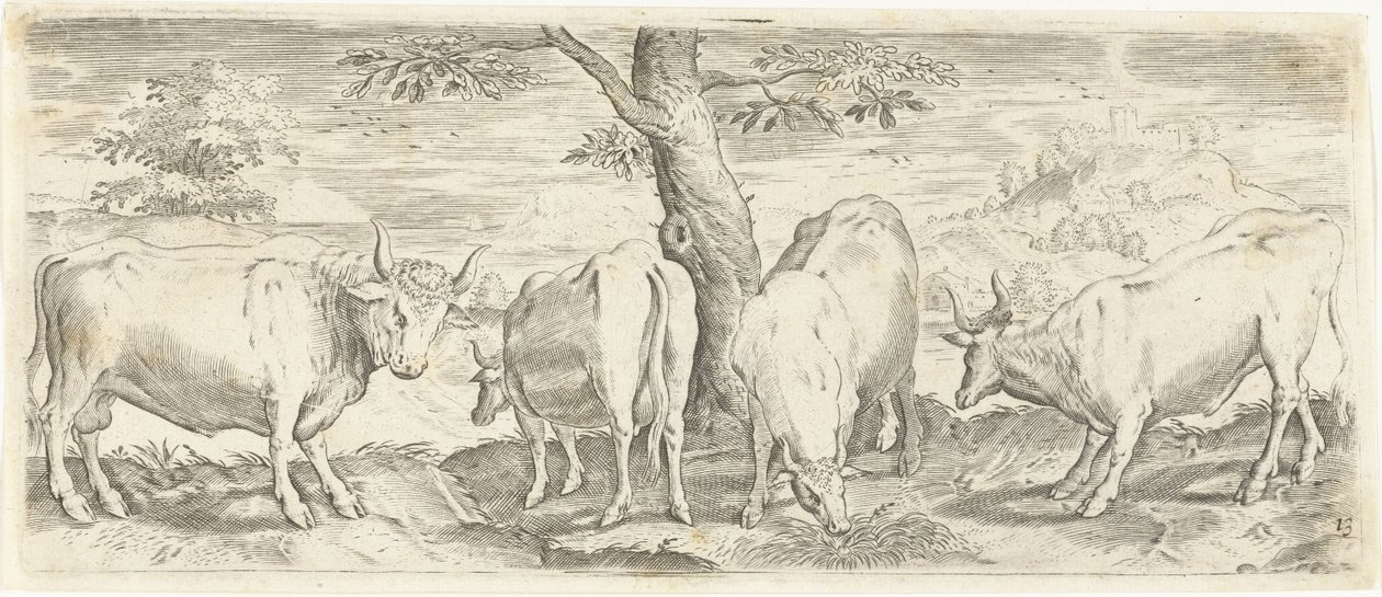 Koeien, een stier en een os door Abraham de Bruyn (possibly)