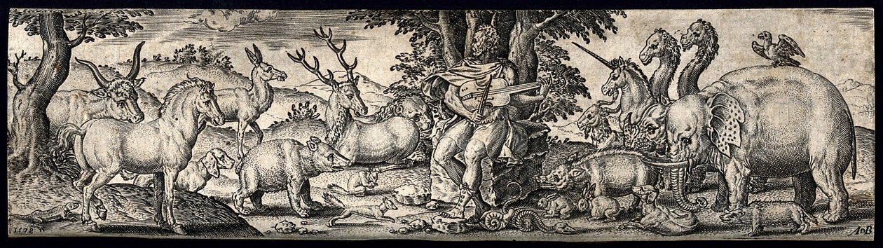 Orpheus zit op een steen, houdt een snaarinstrument vast en betovert de dieren met muziek. Gravure van A. de Bruyn. door Abraham de Bruyn