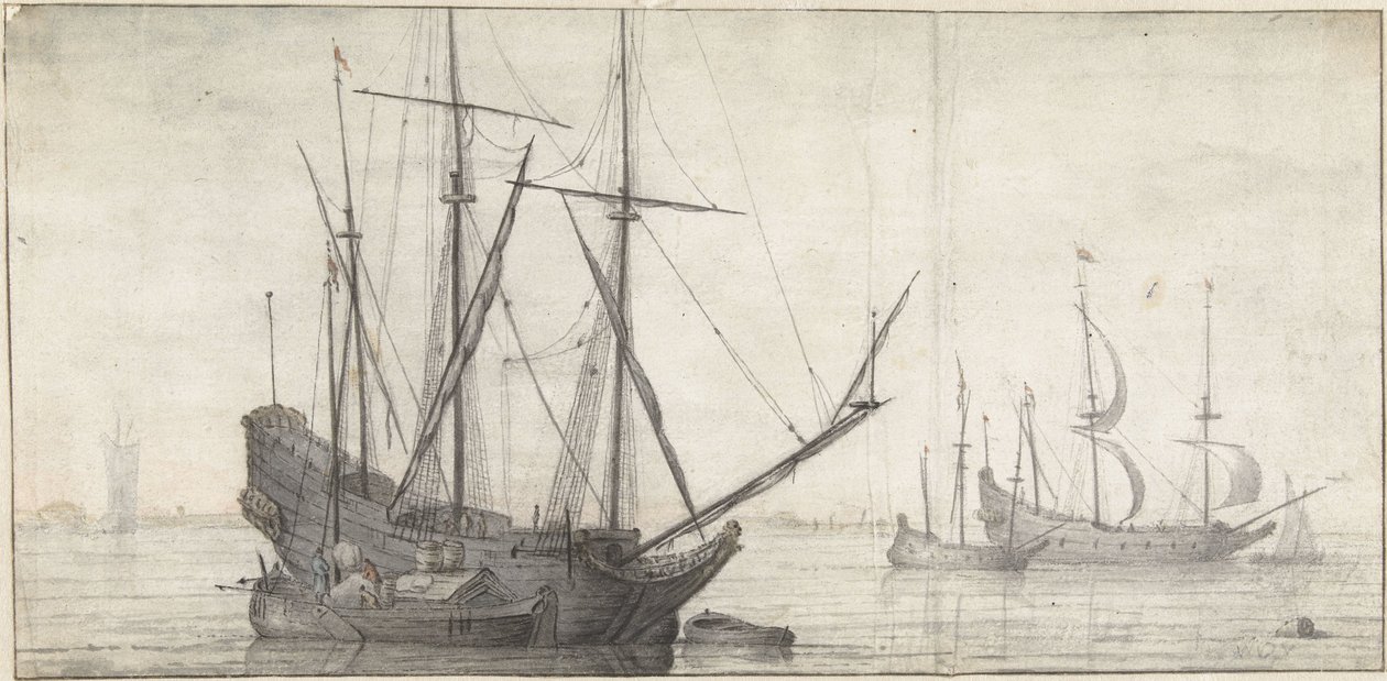 Zeilschepen op stil water bij de kust door Abraham de Verwer (possibly)
