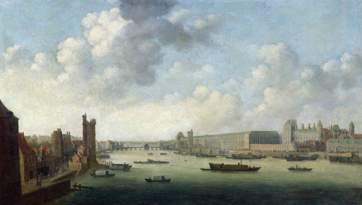 Perspectief van Parijs vanaf de Barberbrug stroomafwaarts, met het Hôtel Bourbon, De Grande Galerie van het Louvre, c.1640 door Abraham de Verwer