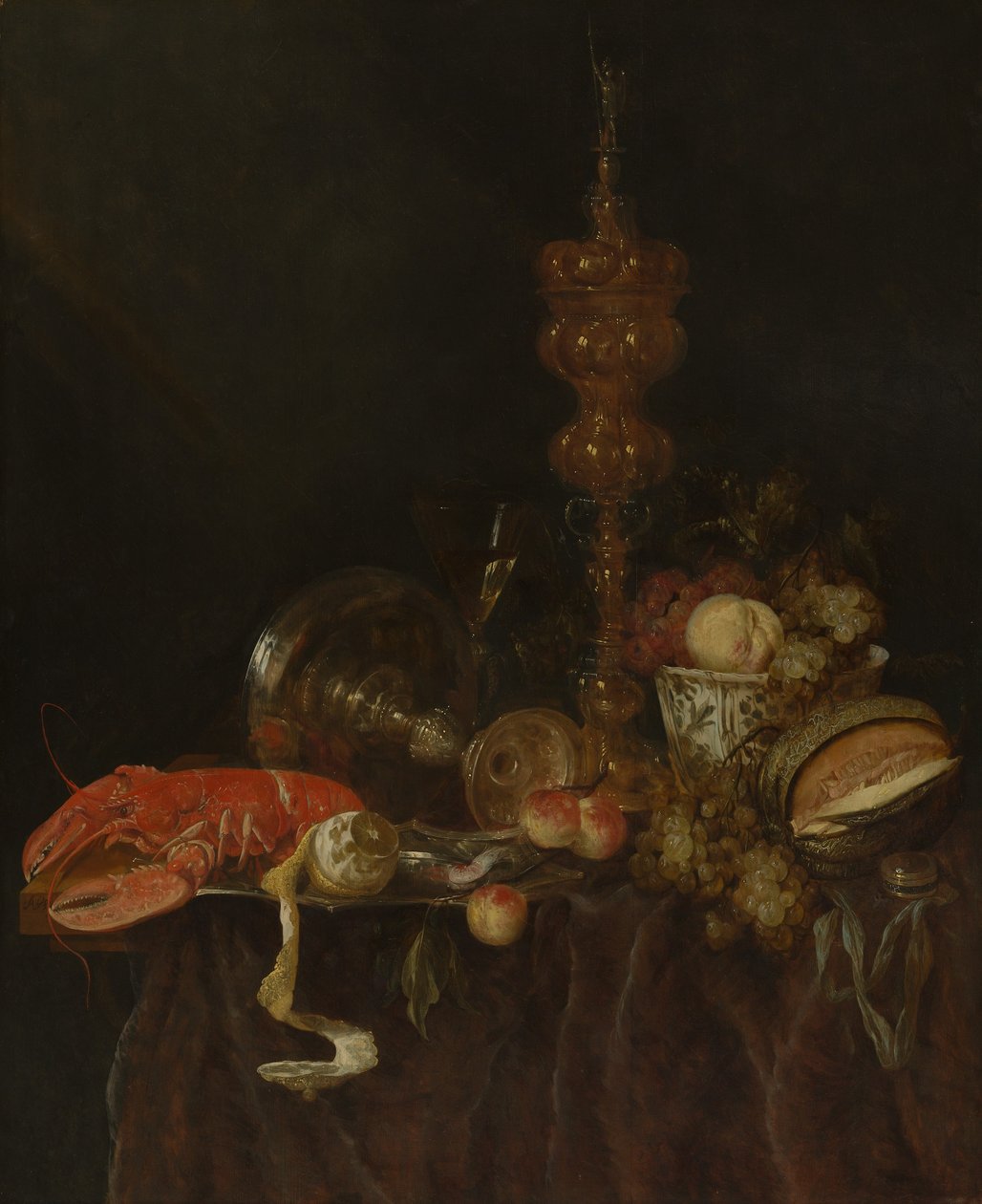 Stilleven met kreeft en fruit, waarschijnlijk begin 1650s door Abraham van Beyeren