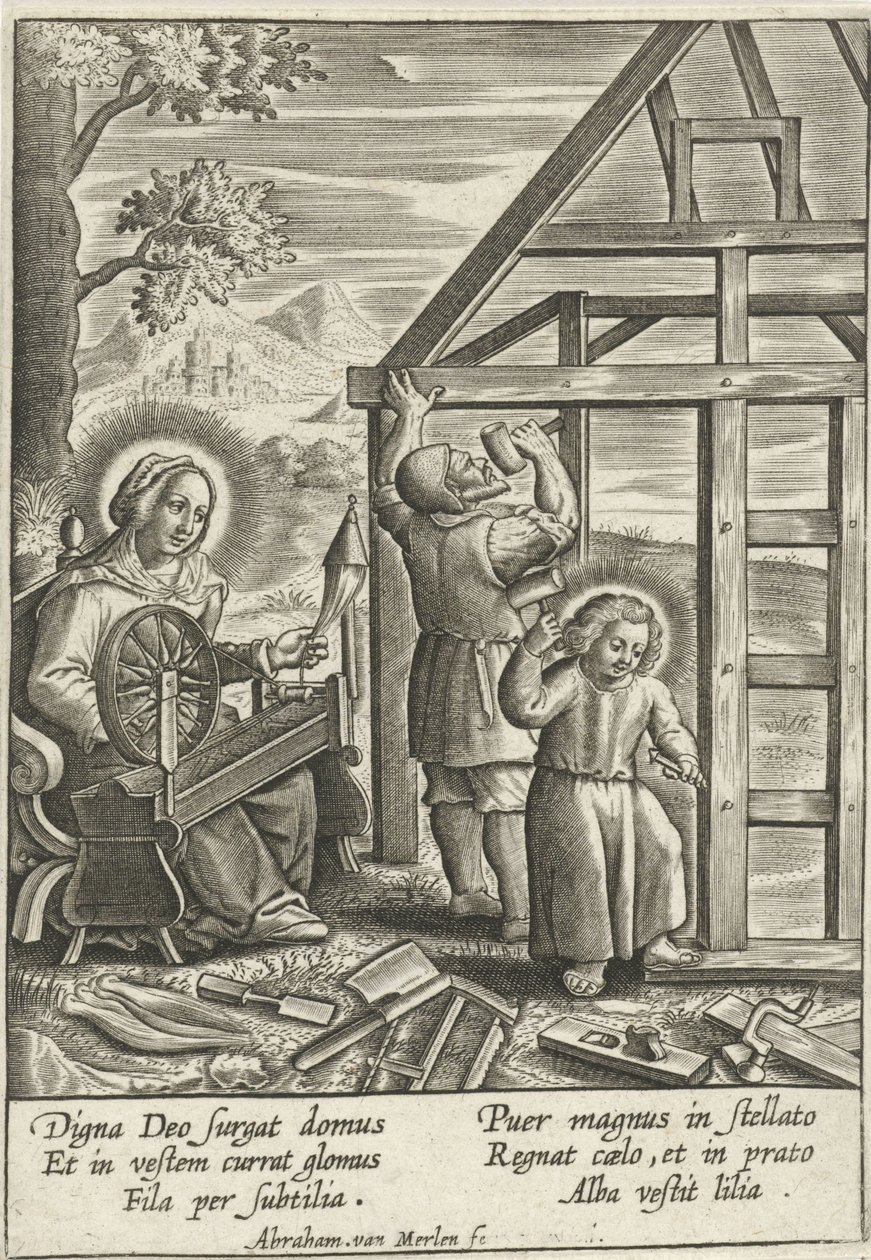 Christus helpt Jozef bij het bouwen van een huis door Abraham van Merlen