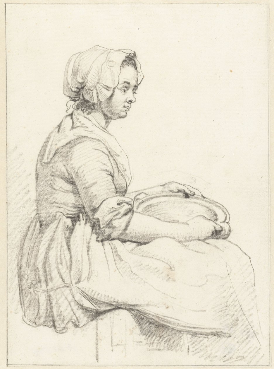Zittende vrouw met een schotel op haar schoot, naar rechts door Abraham van Strij (I)