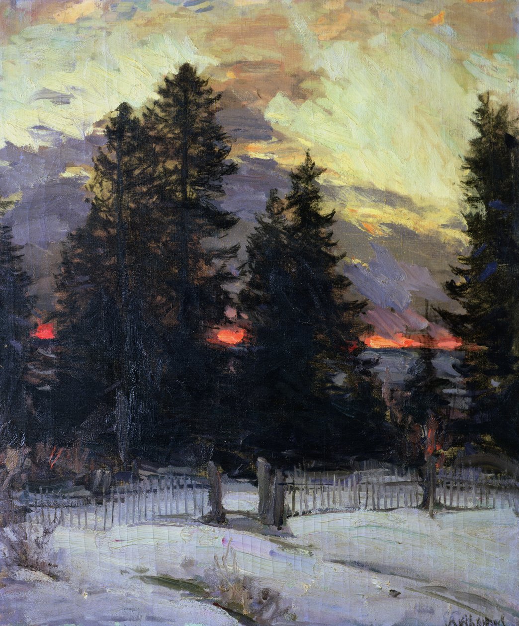 Zonsondergang boven een winterlandschap, ca. 1902 door Abram Efimovich Arkhipov