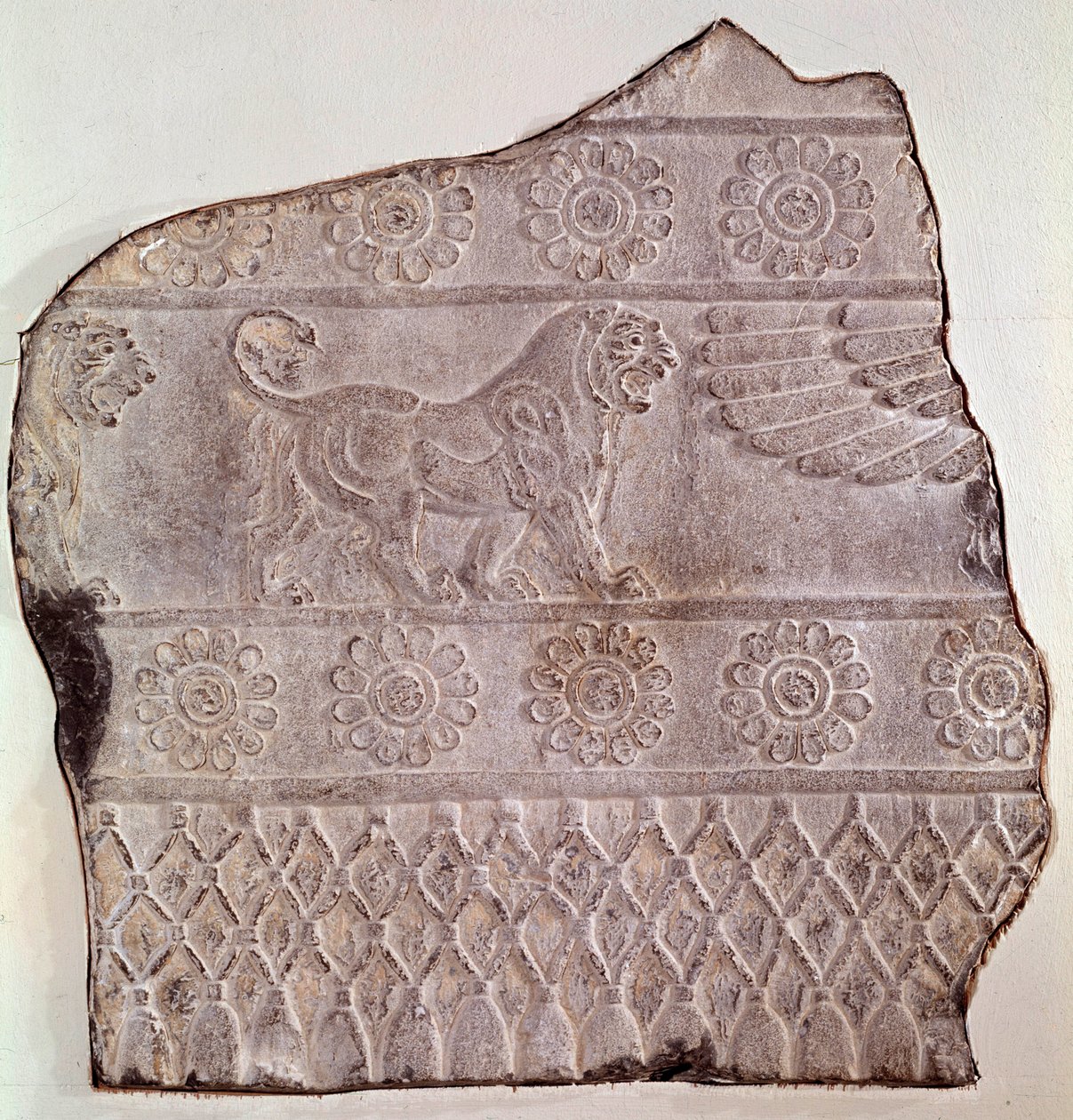 Fragment van laag reliëf met een wandelende leeuw door Achaemenid