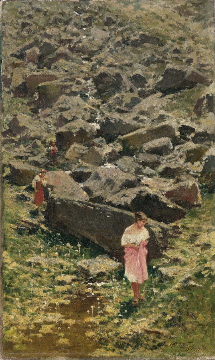 Rotsachtig Landschap met Jonge Vrouwen aan de Oever van de Beek door Achille Formis Befani