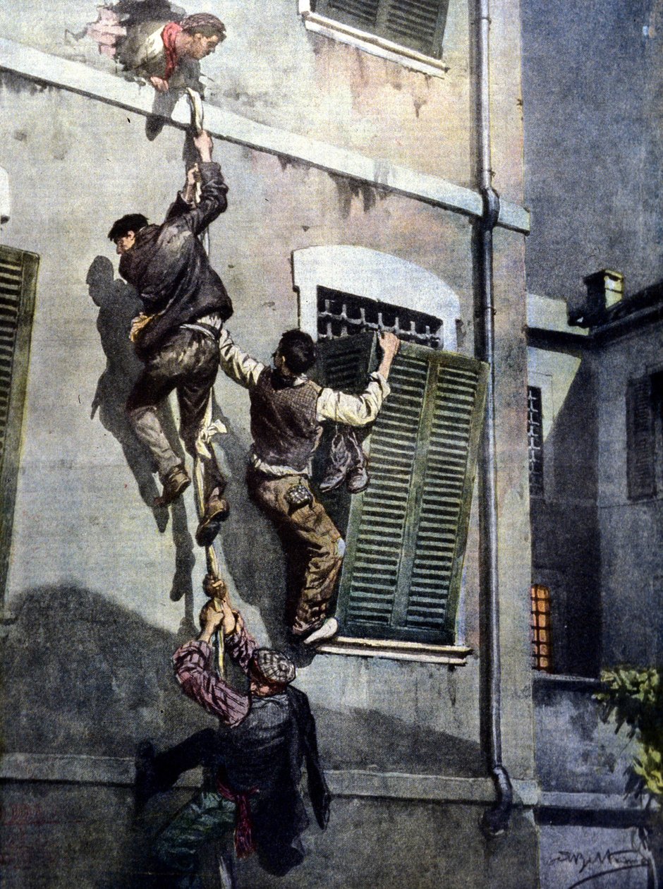 Een gedurfde ontsnapping van vier gevangenen uit de gevangenis van Asti na het doorbreken van de muur. Tekening door Beltrame. La Domenica del Corriere. 1902 door Achille Beltrame