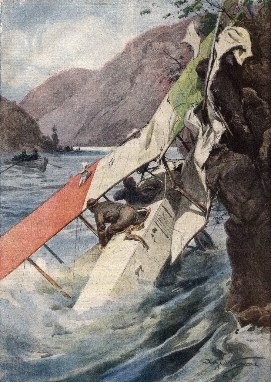 Een dramatische verkenningsvlucht: na een gevecht, zonder motor of propeller, slaagden twee vliegeniers erin de Italiaanse linies te bereiken en vielen in de Isonzo-rivier. Ill. de Beltrame. La Domenica del Corriere. 10/1917 door Achille Beltrame