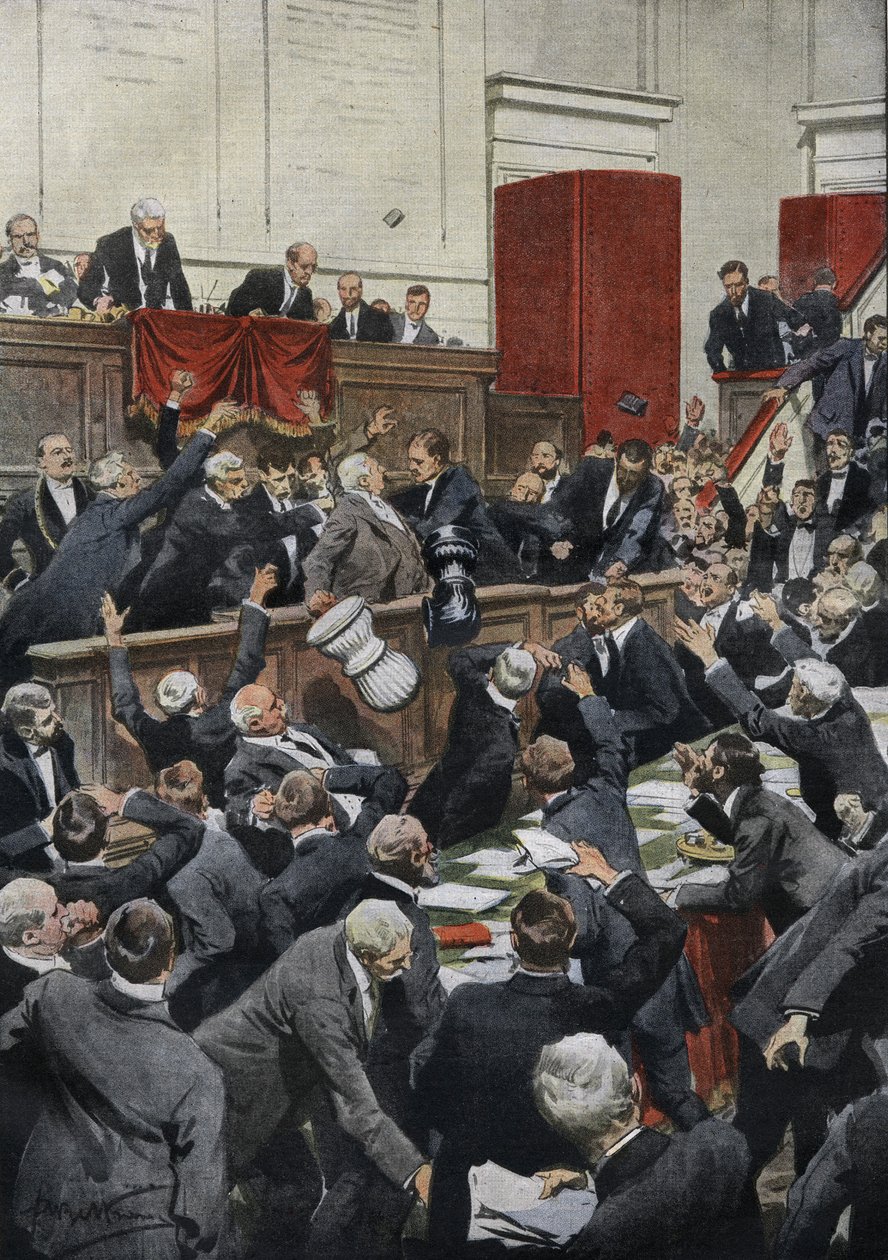 Een stormachtige zitting in de Italiaanse Kamer van Afgevaardigden tijdens een begrotingsdebat. Afgevaardigde Chiesa schorst de stemming door de stembus te gooien - "La Domenica del Corriere" door Achille Beltrame