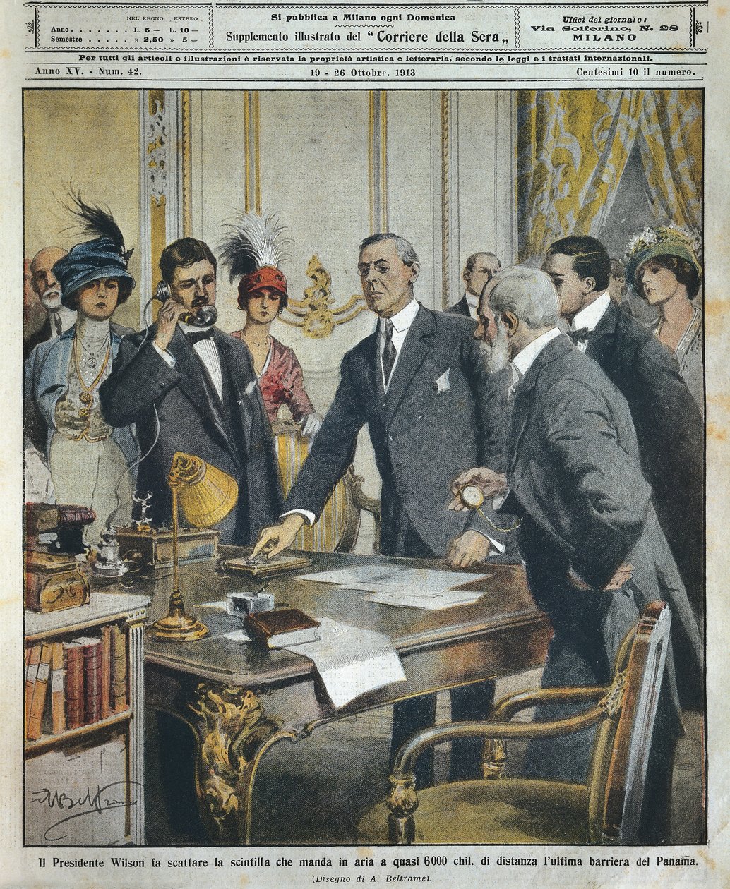 Amerikaanse president Woodrow Wilson ontsteekt telegrafisch de ontploffing die de laatste barrière naar het Panamakanaal 6000 kilometer verderop vernietigde door Achille Beltrame