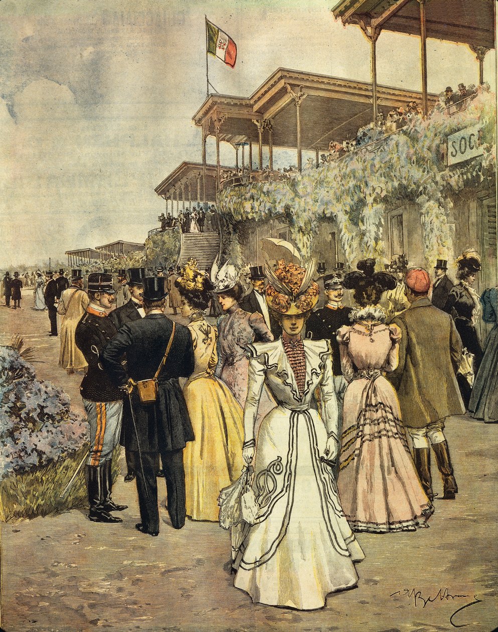 Bij de paardenraces in San Siro (Milaan), door Achille Beltrame (1871-1945), uit La Domenica del Corriere, 4 juni 1899 door Achille Beltrame