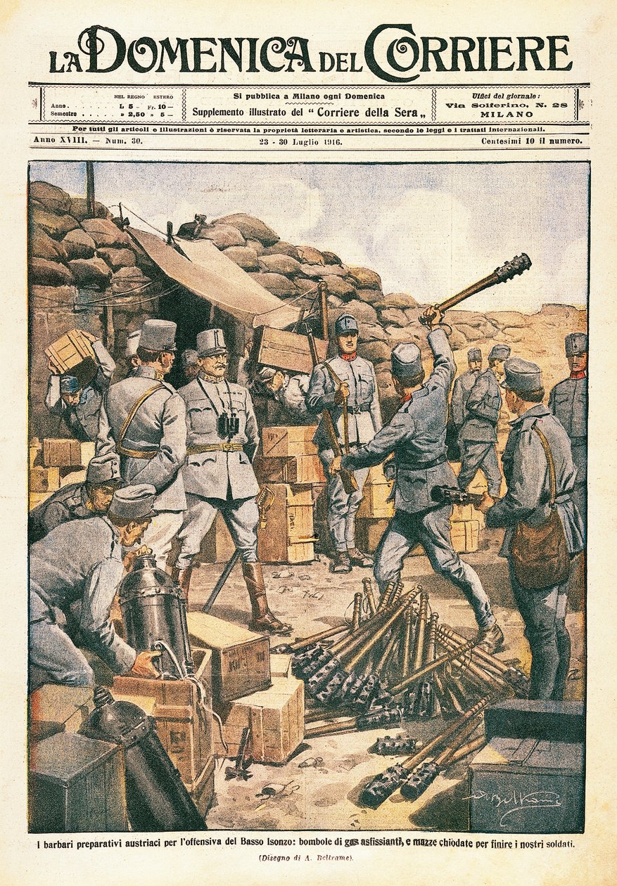 Oostenrijkse barbaren maken voorbereidingen voor het offensief aan de Beneden-Isonzo, illustratie uit La Domenica del Corriere, 23 juli door Achille Beltrame