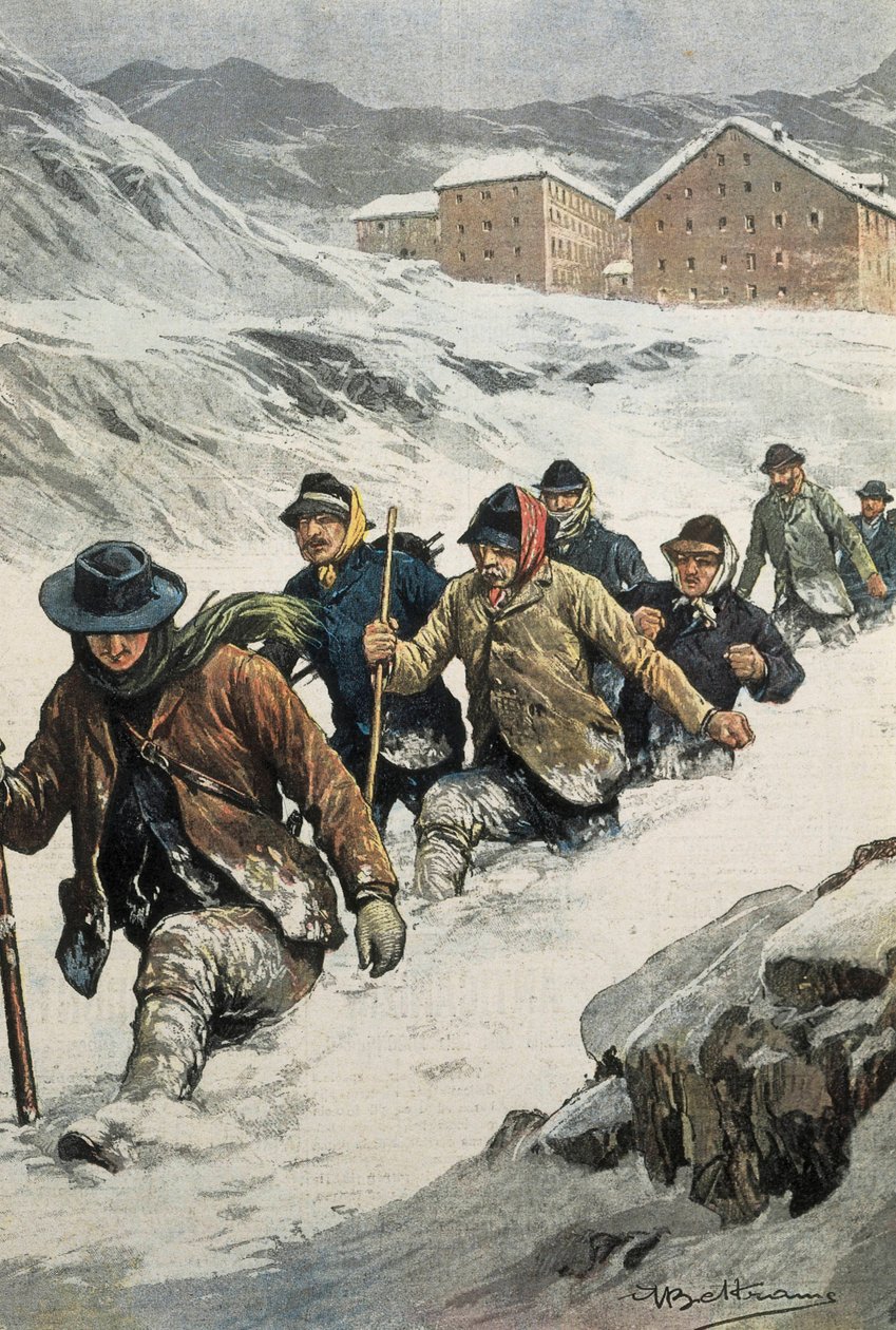 Italiaanse arbeiders steken de St. Bernardpas over tussen Aosta en Zwitserland. Omslag van “La Domenica del Corriere”. 14/02/1904. Lithografie. door Achille Beltrame