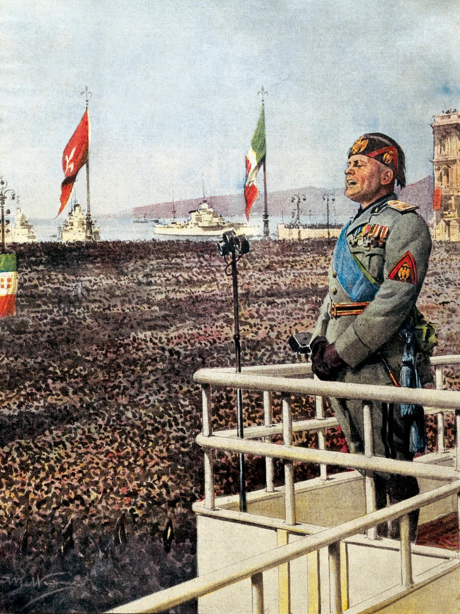 MUSSOLINI, Benito (1883-1945). Italiaanse fascistische politicus, leider van Italië (1925-1943). De Duce spreekt tot het volk van Triëst en de wereld (september 1938). Illustratie van Achille Beltrame voor “Domenica del Corr door Achille Beltrame