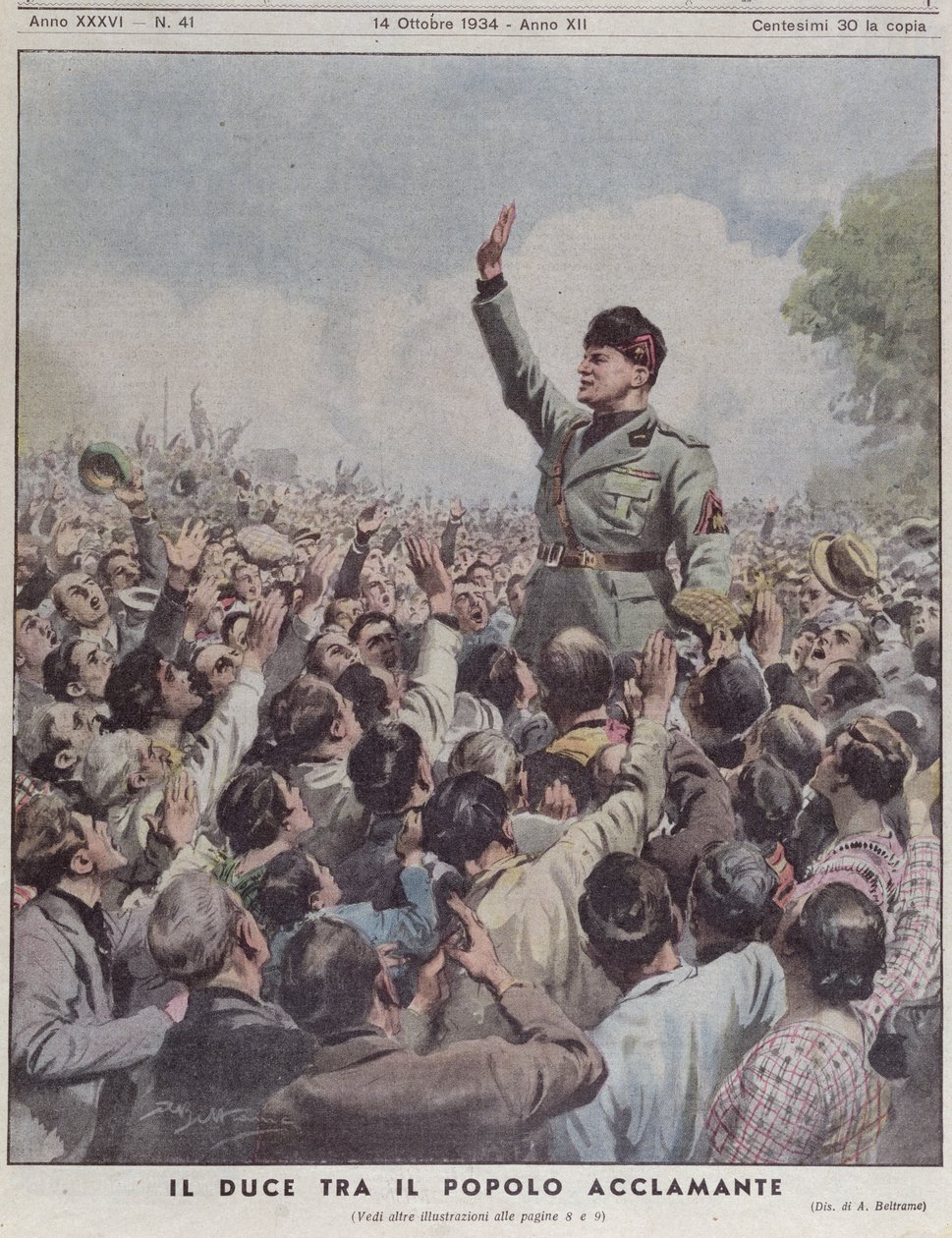 Benito Mussolini toegejuicht door het volk, uit 