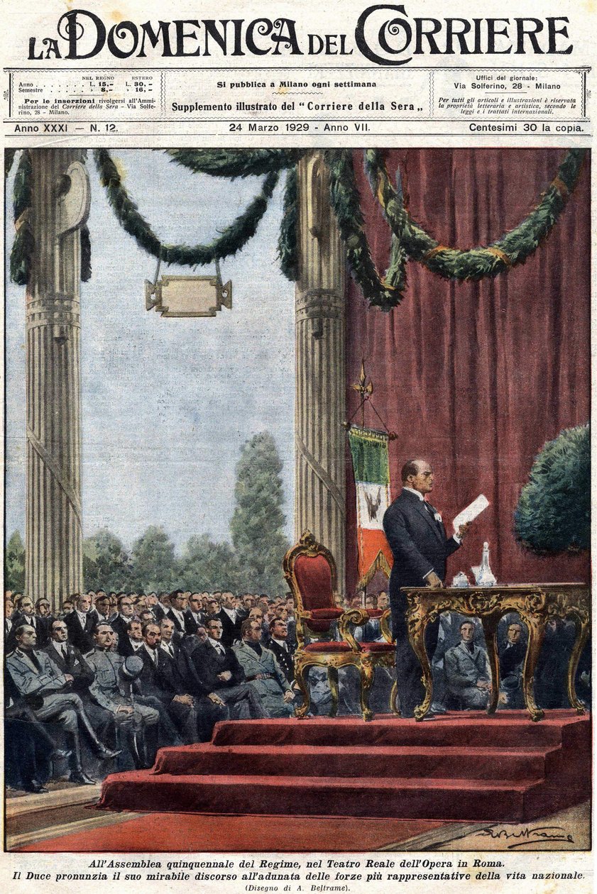 Benito Mussolini houdt zijn toespraak in het Teatro Reale van de opera in Rome voor de leiders van het regime. Illustratie door Achilles Beltrame. 