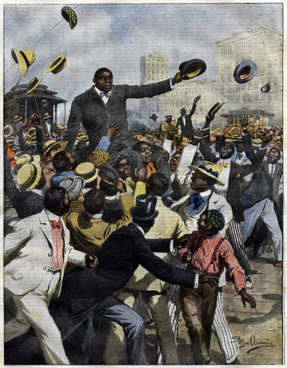 Bokser Jack Johnson arriveerde in Chicago in 1910. Illustratie door Achille Beltrame voor La Domenica del Corriere. door Achille Beltrame