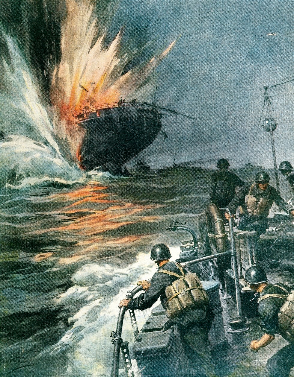 Brits koopvaardijschip gezonken door Italiaanse MAS in Middellandse Zee, 3 augustus door Achille Beltrame