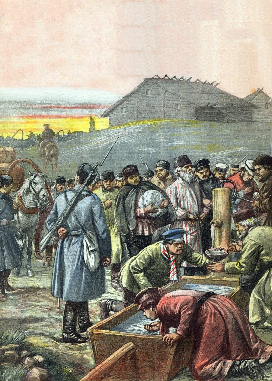 Konvooi van gedeporteerde Russische politieke gevangenen op weg naar ballingschap in Siberië, illustratie uit 