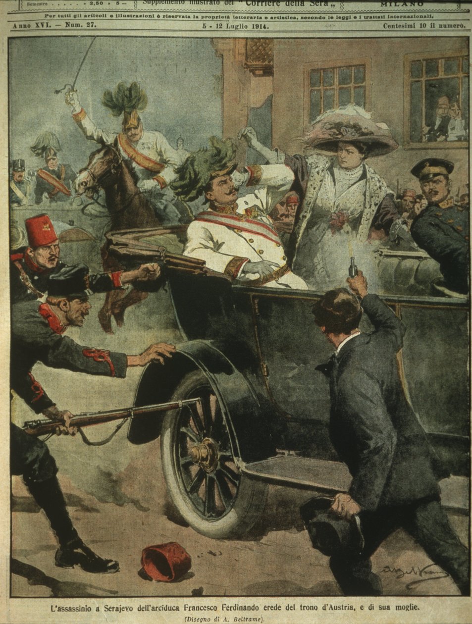 Omslagillustratie van de moord op aartshertog Franz Ferdinand van Oostenrijk, erfgenaam van de Oostenrijks-Hongaarse troon, Sarajevo door Achille Beltrame