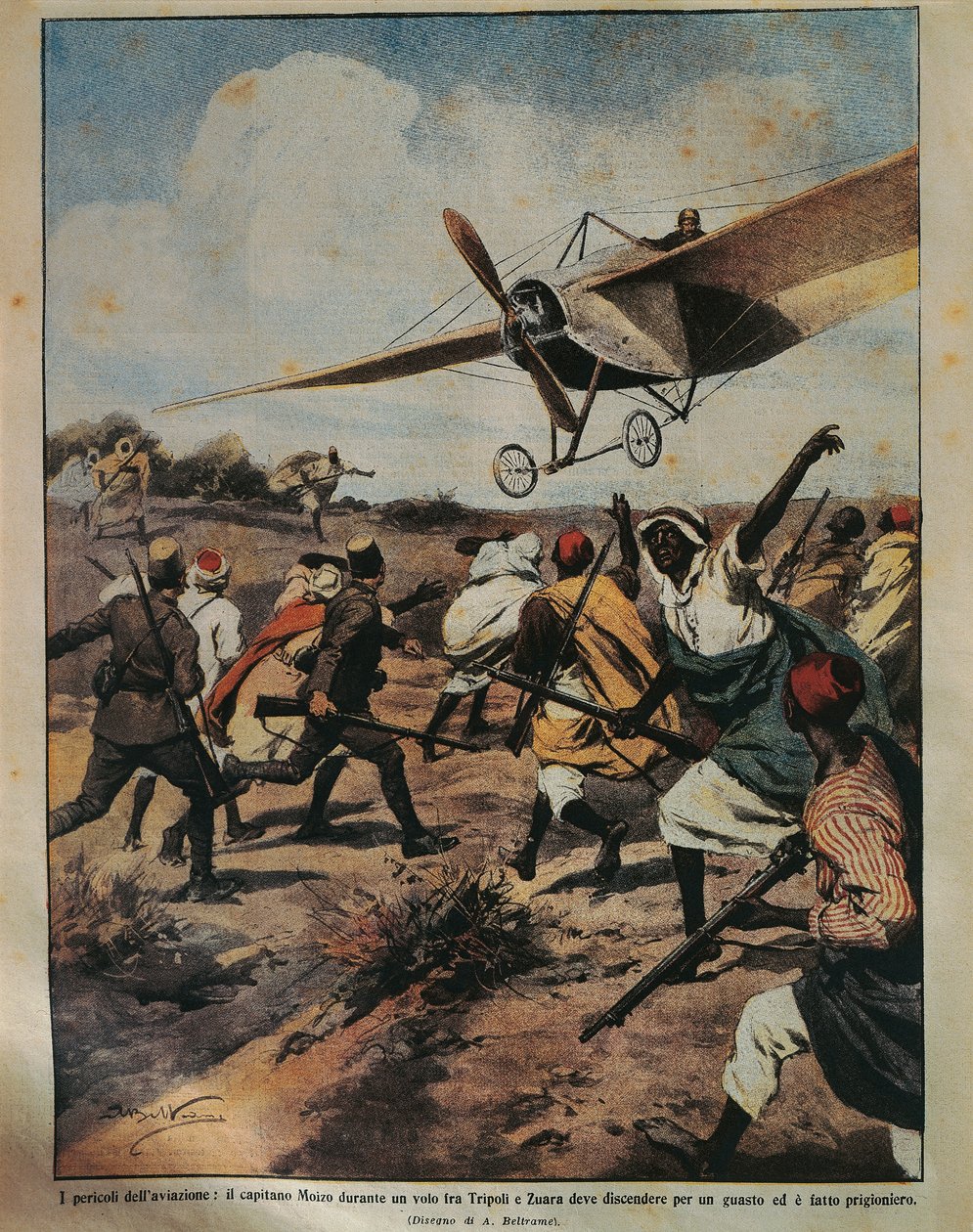 Omslagillustratie van Kapitein Moizo die een noodlanding probeert tijdens de Afrikaanse campagne, door Achille Beltrame, uit La Domenica del Corriere, 22 september 1912 door Achille Beltrame