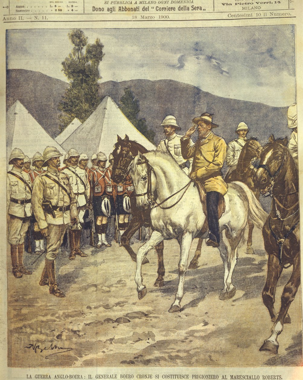 Omslagillustratie van Generaal Cronje die zich overgeeft aan Maarschalk Roberts tijdens de Anglo-Zulu en Anglo-Boerenoorlogen van 1850-1902 door Achille Beltrame
