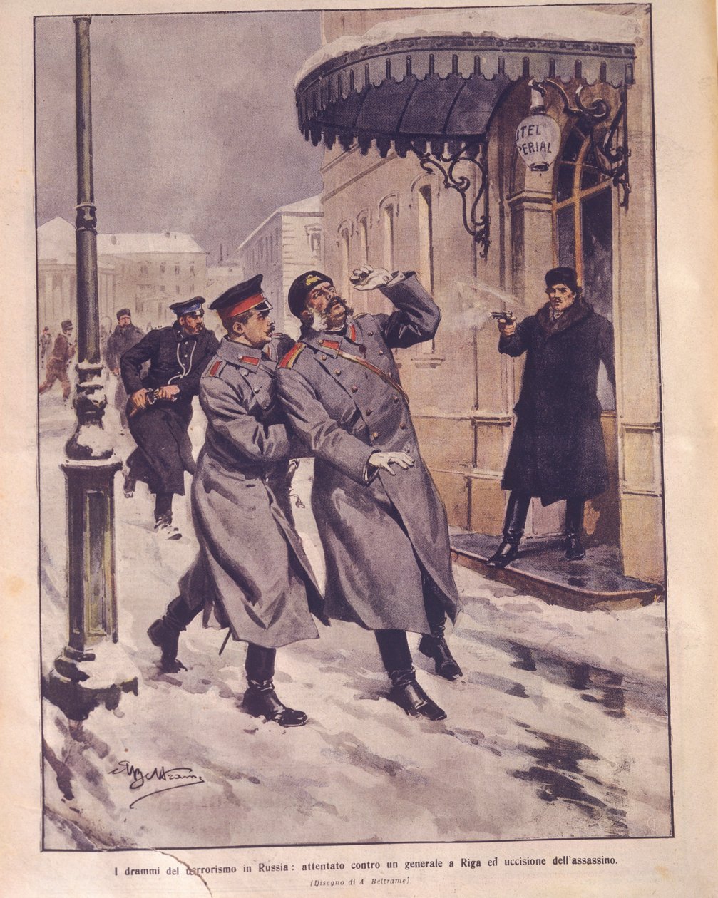 Omslagillustratie van Terrorisme in het Russische Rijk; aanslag op het leven van een generaal en de dood van de aanvaller in Riga door Achille Beltrame
